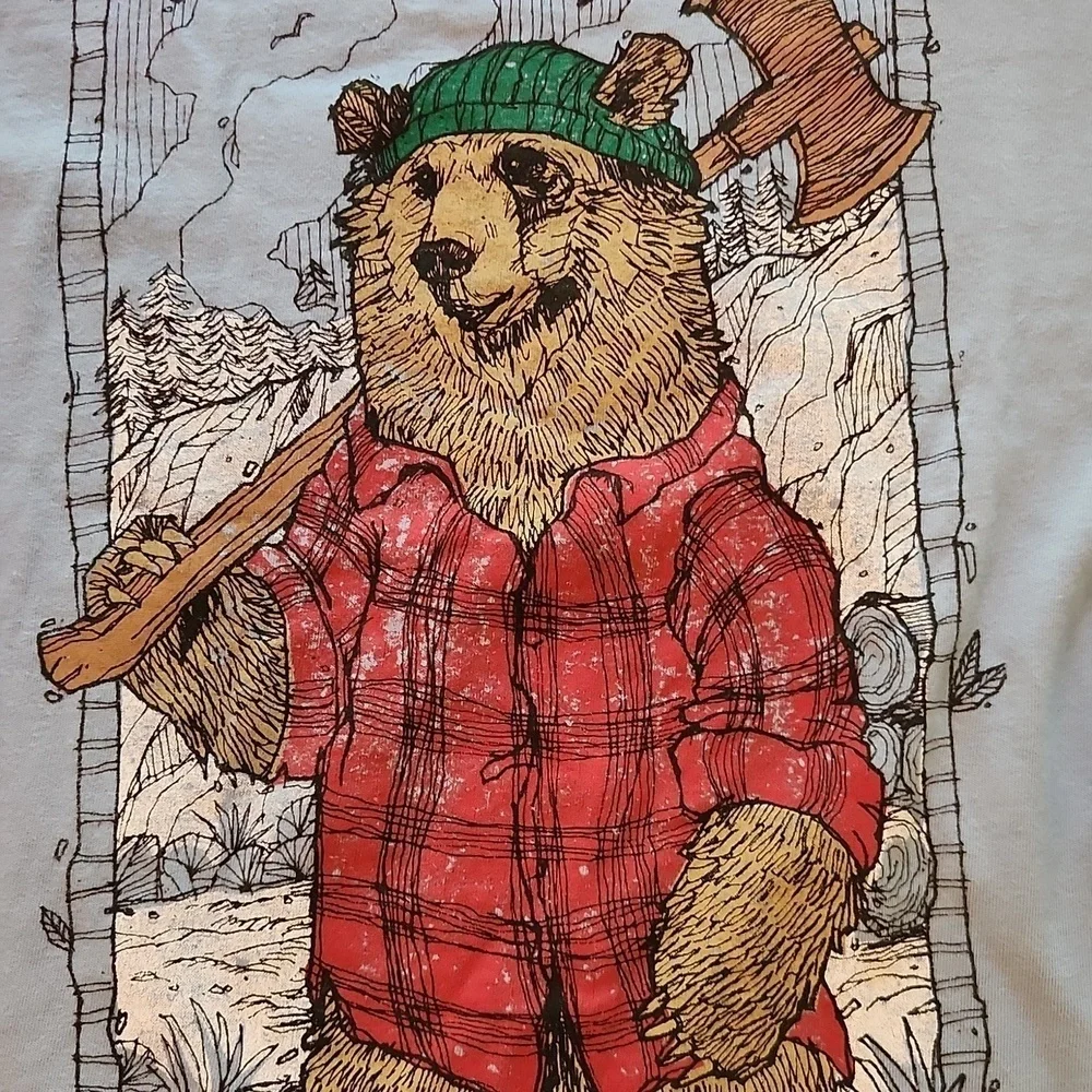 Gap Christmas Bear Graphic Long Sleeve Shirt Blue Plaid Large